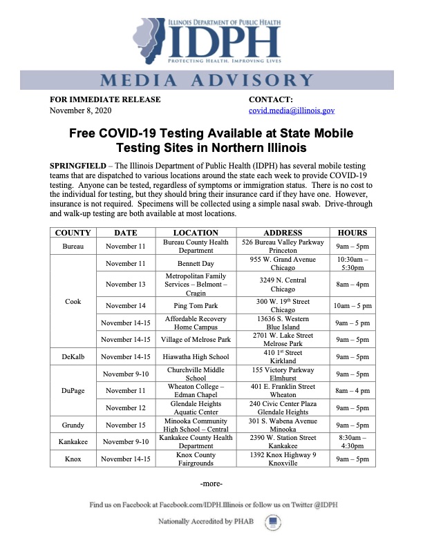 Free COVID 19 Testing Available at State Mobile Testing Sites in Northern Illinois dragged